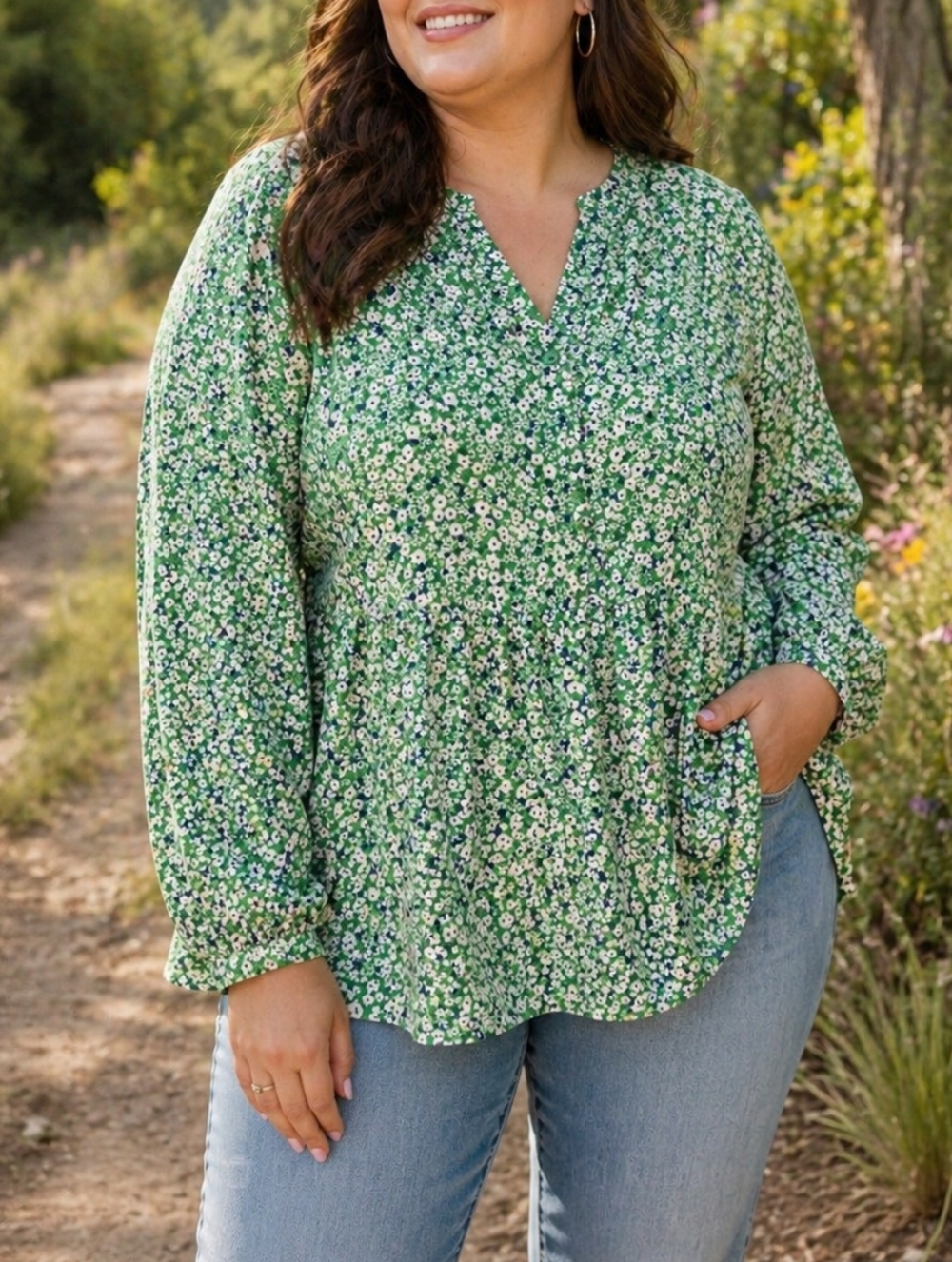 BeachLunchLounge 100% Viscose Green Floral Blouse Boho Cottagecore Lightweight